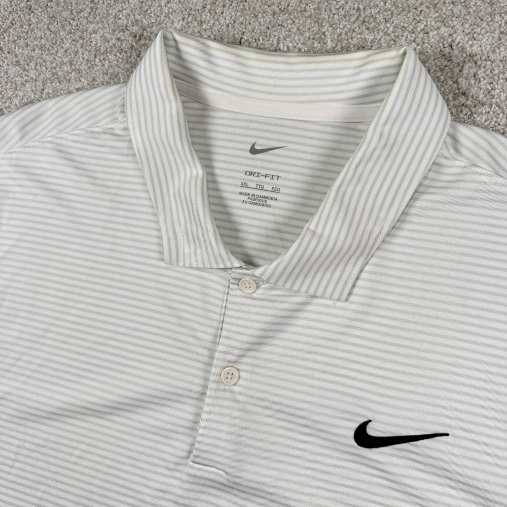 Nike Polo Shirt Mens XXL White Grey Striped Dri-FIT Short Sleeve Golf Top